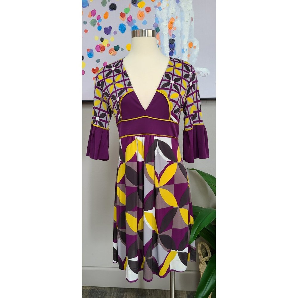 Iodice Purple Violet, Gold, White, & Grey Abstract Print Dress Size 6